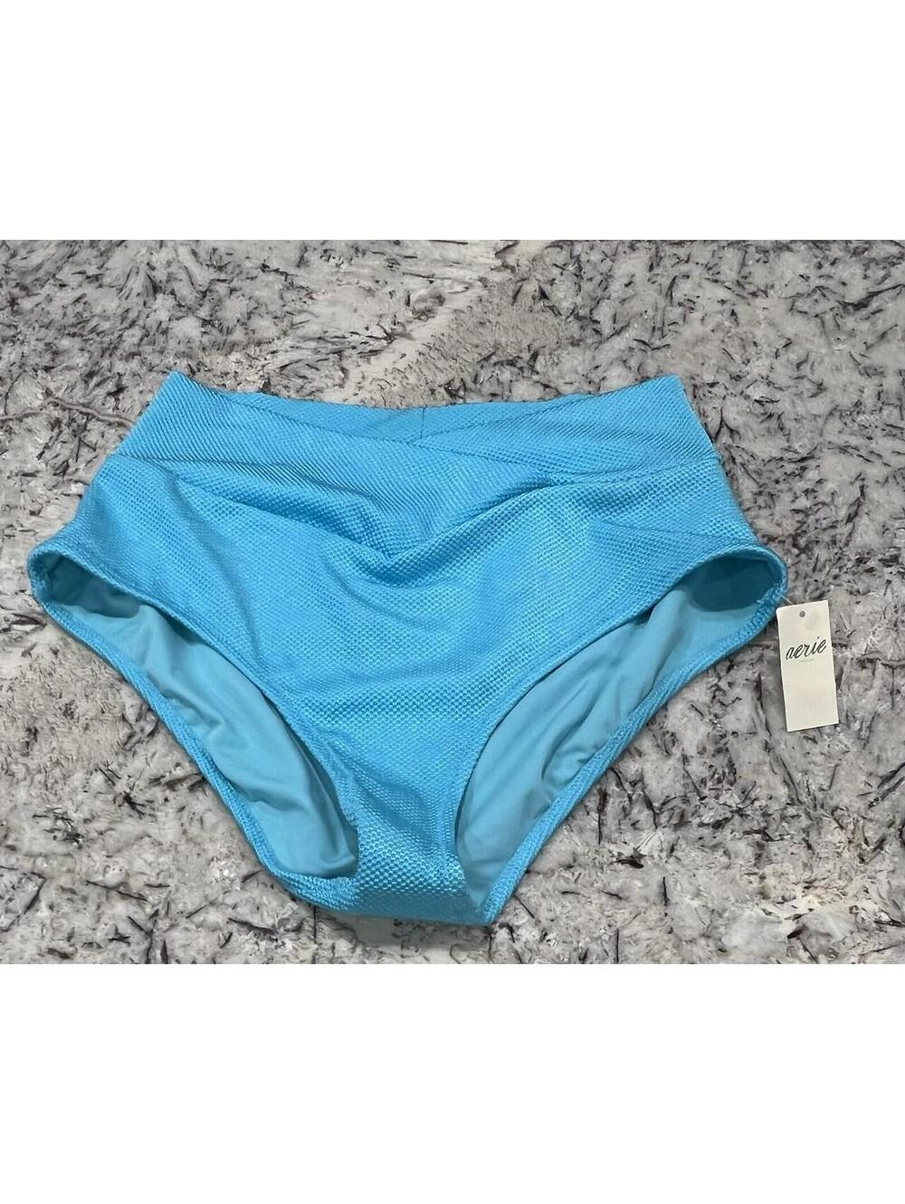 Aerie High Waisted Full Coverage Textured Bikini Bottom Teal Size M New